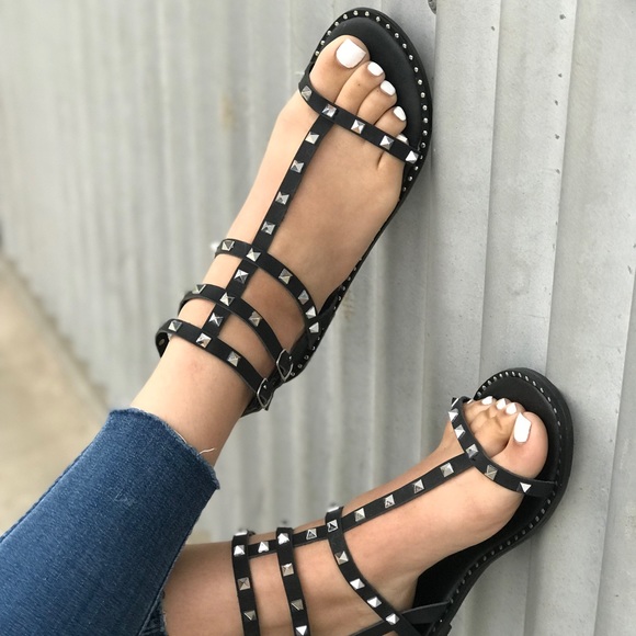 black gladiator studded sandals